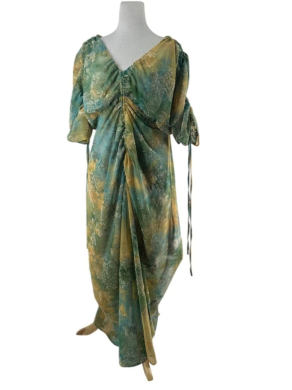 Green Ruched V-Neck Midi Dress - Picture 2 of 14